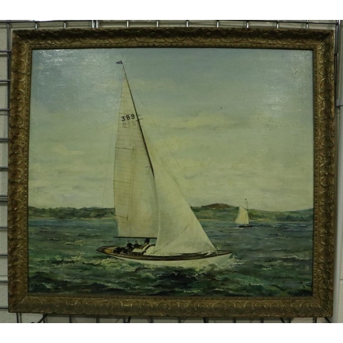 3170 - H F Theobald (20th century): oil on board, Sailing On a Lake, dated 1954, 70 x 61 cm. Not available ... 