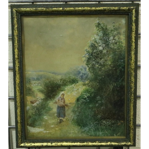 3173 - J Herdman (19th century): watercolour, peasant girl on a country lane, 23 x 28 cm. Not available for... 