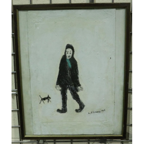 3174 - After Lawrence Stephen Lowry (1887 - 1976): oils on textured paper, Man with Dog, signed LS Lowry an... 