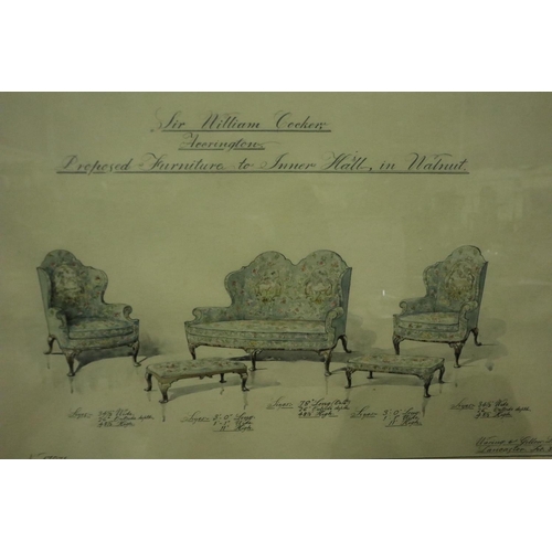 3188 - 1956 Waring and Gillow watercolour, The Chairs for the Study of Dyke Nook lodge Accrington, largest ... 