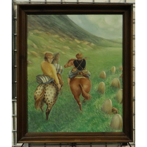 3192 - Hilary McManus (contemporary): oil on canvas, The Couple, label verso with gallery details. McManus ... 