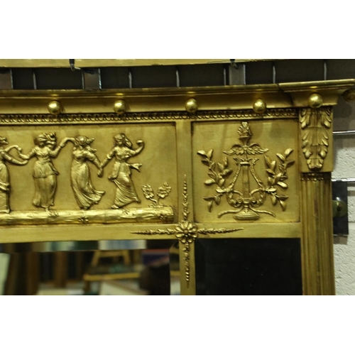 3208 - A 19th century style gilt over mantel triptych mirror with a classically carved pediment, overall 11... 