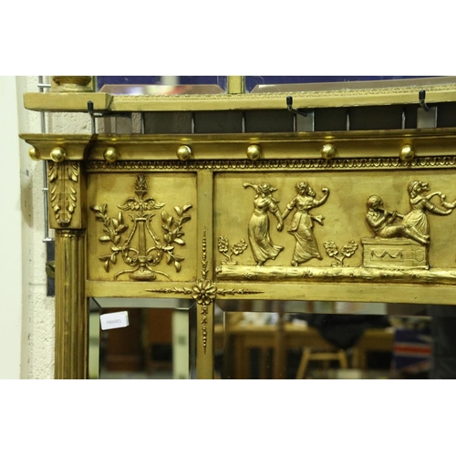 3208 - A 19th century style gilt over mantel triptych mirror with a classically carved pediment, overall 11... 