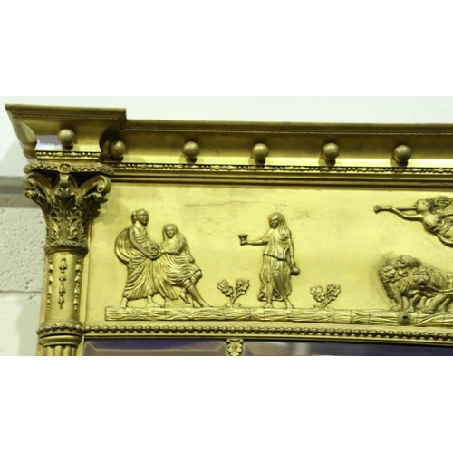 3209 - A Regency period gilt framed over mantel triptych mirror, with applied figures and beasts to the ped... 