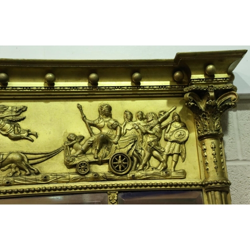 3209 - A Regency period gilt framed over mantel triptych mirror, with applied figures and beasts to the ped... 