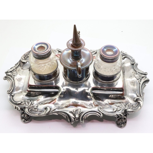 101 - Silver plated inkwell set with inkwells and wax. P&P Group 2 (£18+VAT for the first lot and £3+VAT f... 