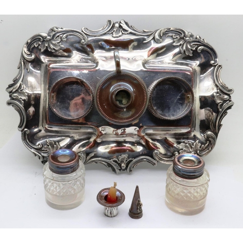 101 - Silver plated inkwell set with inkwells and wax. P&P Group 2 (£18+VAT for the first lot and £3+VAT f... 