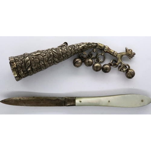 112 - Hallmarked silver and Mother of Pearl fruit knife and a presumed hallmarked silver rattle, largest L... 