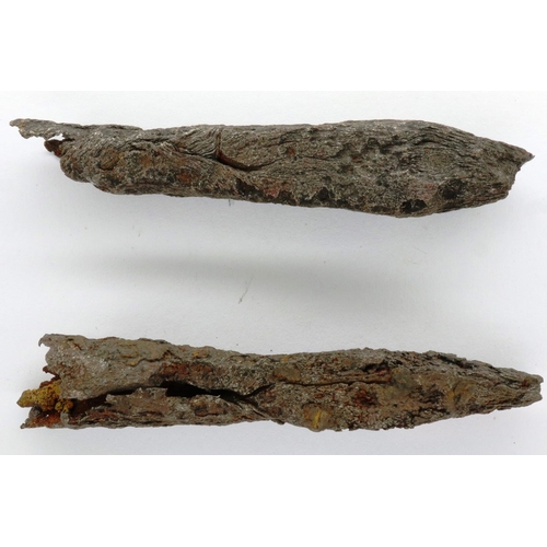 129 - Two Iron Age Scorpio/crossbow bolts, L: 65 mm. P&P Group 0 (£5+VAT for the first lot and £1+VAT for ... 