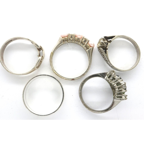 28 - Five hallmarked and 925 silver rings including stone set examples, size J - Q, combined 11g. P&P Gro... 