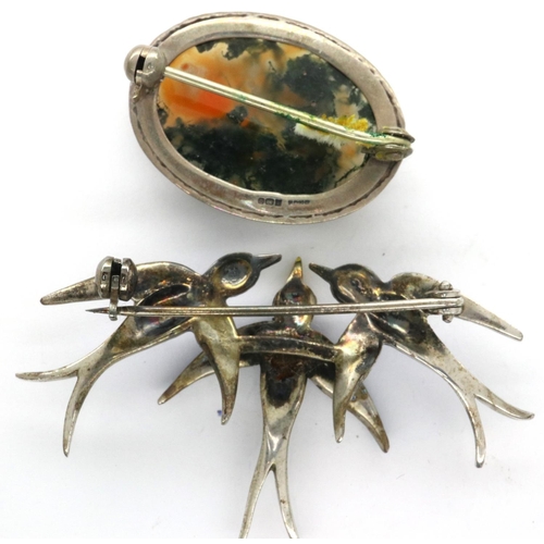 30 - Enamel unmarked silver brooch and a silver set moss agate example, largest L: 60 mm. P&P Group 1 (£1... 