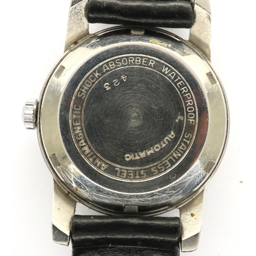 85 - Baume: vintage automatic wristwatch on a black leather strap, working at lotting. P&P Group 1 (£14+V... 