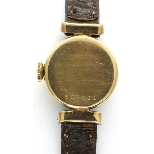 87 - Juvenia: ladies 9ct gold wristwatch on leather strap, not working at lotting. P&P Group 1 (£14+VAT f... 