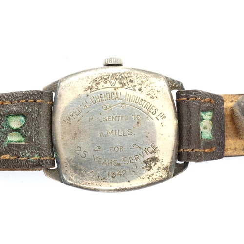 88 - Smith silver wristwatch with ICI 1942 presentation inscription on a brown leather strap, not working... 