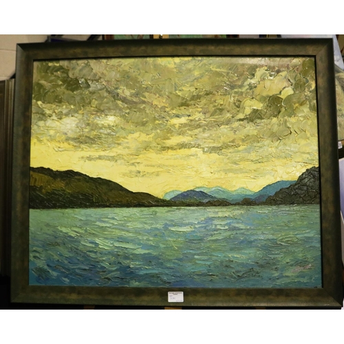 3180 - A Hudson (20th century): impasto oils on board, mountainous lake scene, 75 x 60 cm. Not available fo... 