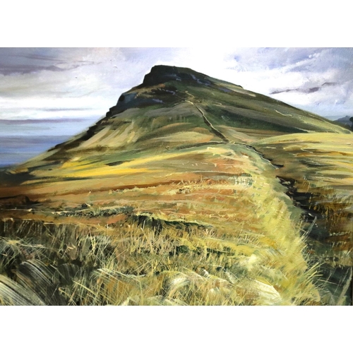 3200 - J Crewe (contemporary): two oils on canvas, Roseberry Topping, 40 x 40 cm, and a Pen-Y-Ghent 46 x 60... 