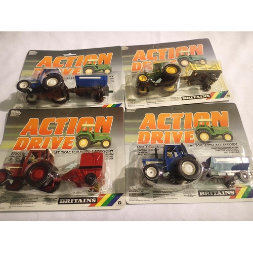2045 - Four Britains action drive tractor and implement in blister pack in excellent to near mint condition... 