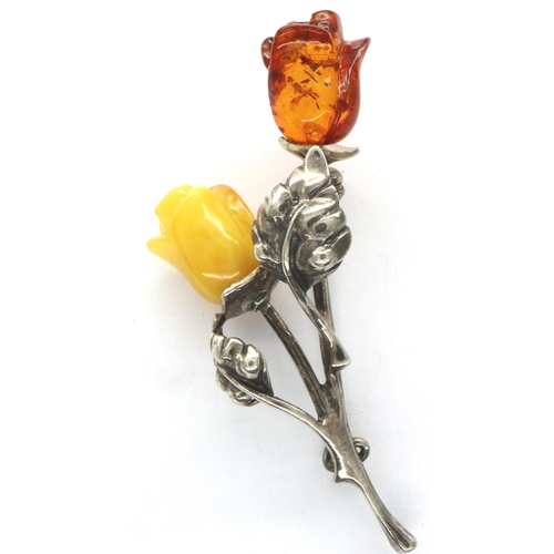 11 - Boxed 925 silver and amber rose brooch, L: 60 mm. P&P Group 1 (£14+VAT for the first lot and £1+VAT ... 
