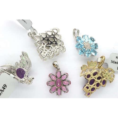 12 - Five 925 silver stone set pendants, largest L: 35mm. P&P Group 1 (£14+VAT for the first lot and £1+V... 