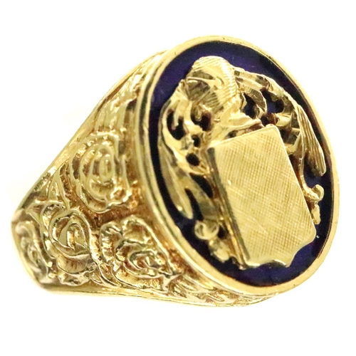 34 - 18ct gold and enamel gents signet ring with rose design shoulders, size W/X, 11.3g. P&P Group 1 (£14... 