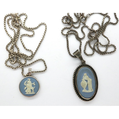 49 - Two boxed Wedgwood pendant necklaces with hallmarked silver mounts on 925 chains, largest chain L: 4... 