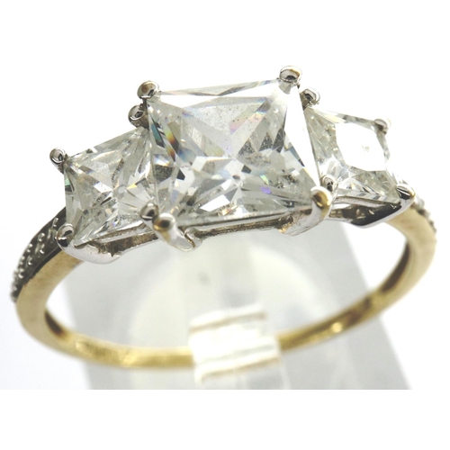 52 - 9ct gold trilogy ring set with CZ stones, size R, 1.9g. P&P Group 1 (£14+VAT for the first lot and £... 