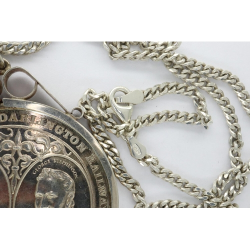 57 - Stockton and Darlington Railway 150th anniversary coin in a silver mount pendant on a 925 silver cha... 