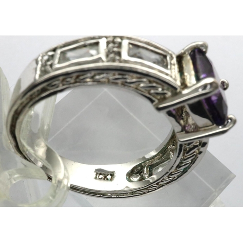 70 - 10ct white gold ring with a princess cut amethyst and CZ shoulders, size U, 7.7g. P&P Group 1 (£14+V... 