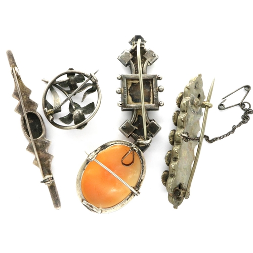 71 - Five silver brooches including a hallmarked silver example, largest L: 62 mm. P&P Group 1 (£14+VAT f... 