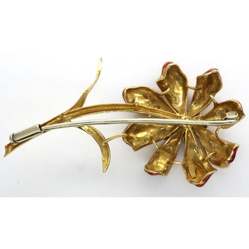 72 - 18ct gold, enamel and diamond flower brooch, L: 55 mm, 10.9g. P&P Group 1 (£14+VAT for the first lot... 