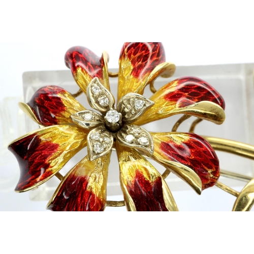 72 - 18ct gold, enamel and diamond flower brooch, L: 55 mm, 10.9g. P&P Group 1 (£14+VAT for the first lot... 