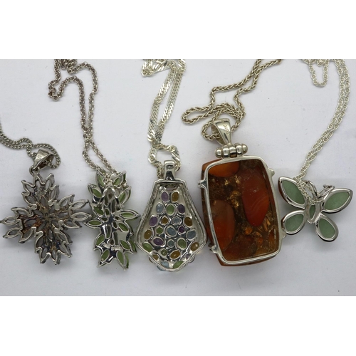 76 - Five 925 silver pendant necklaces, mostly stone set, longest chain L: 50 cm. P&P Group 1 (£14+VAT fo... 