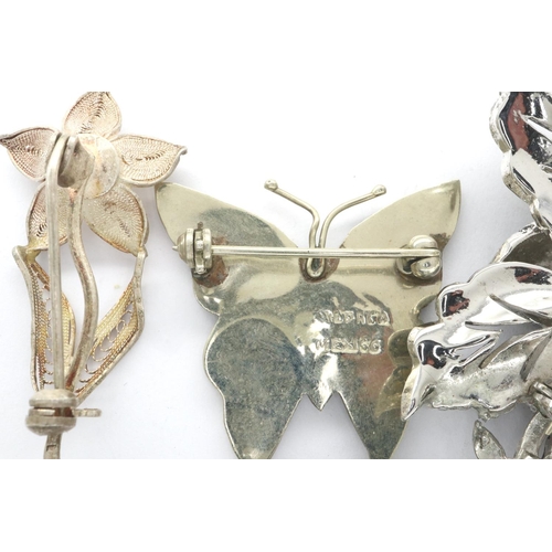 83 - Five 925 silver brooches including an abalone butterfly brooch, largest H: 70 mm. P&P Group 1 (£14+V... 