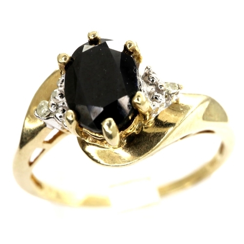 28 - 9ct gold dress ring set with a central sapphire and diamonds, size P, 2.3g. P&P Group 1 (£14+VAT for... 