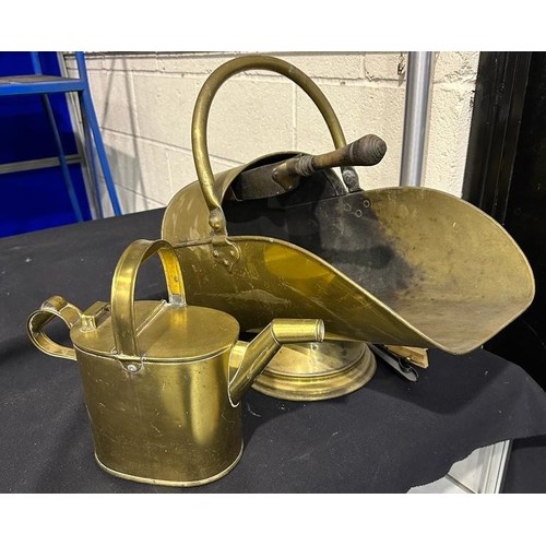 1041 - Brass items to include water can and coal scuttle and shovel. Not available for in-house P&P
