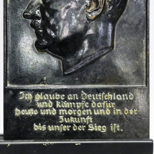 2056 - Third Reich cast metal Hitler plaque, translated I believe in Germany and Fight for Her Today and To... 