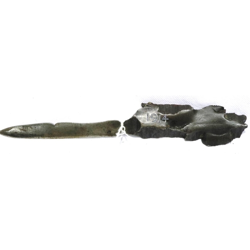 2065 - WWI German Trench Art letter knife, dated 1914 made from shell shrapnel, L: 16 cm. P&P Group 1 (£14+... 