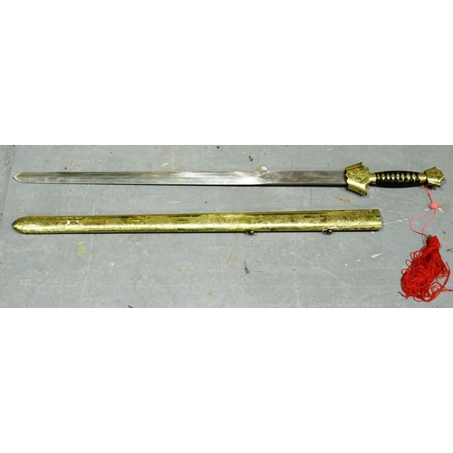 2107 - Shaolin Monk dress sword with engraved brass scabbard and bound grip. P&P Group 3 (£25+VAT for the f... 