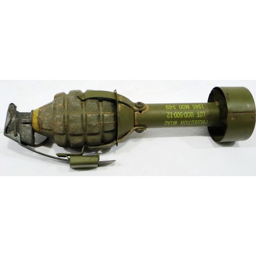 2133 - INERT WWII US MKII pineapple grenade, original body with dummy fuse, in a MIA2 rifle grenade pannier... 