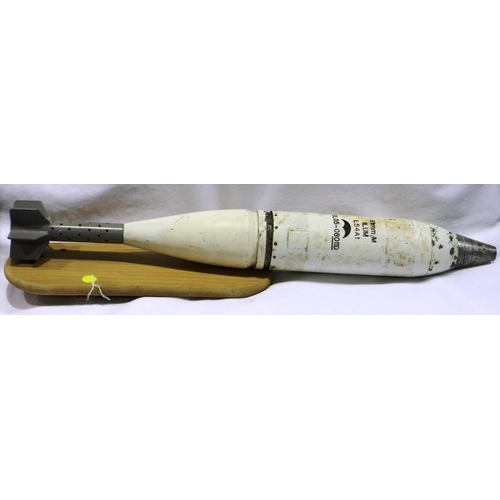 2135 - Inert British L54A1 illuminating mortar bomb with anodised tail, 81 mm, later mounted to a wooden pl... 