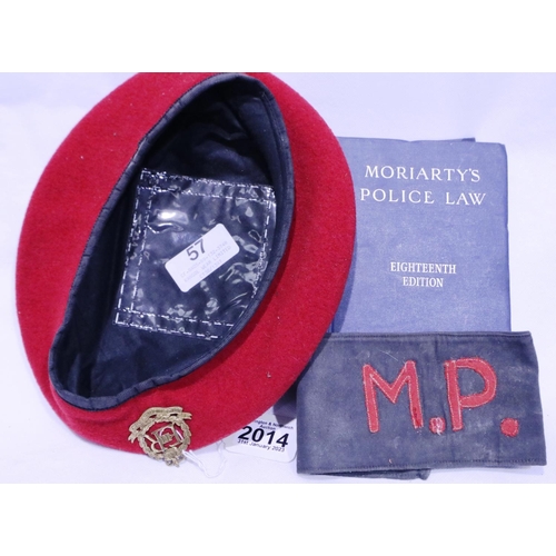 2014 - British Military Police red beret size 57, embroidered armband and police law book (18th edition). P... 