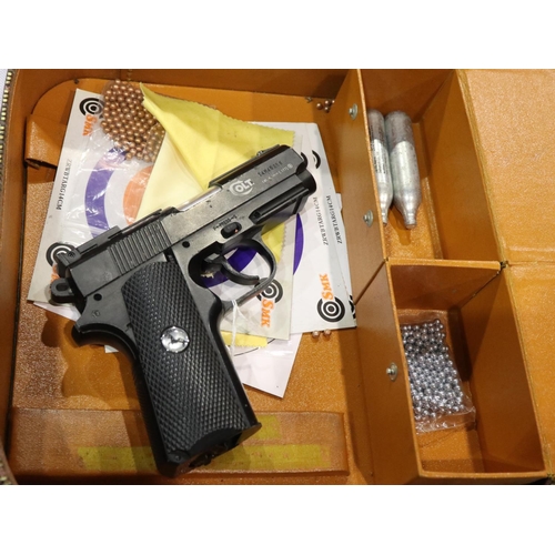 2202 - Colt Defender Co2 air pistol, cased, with cartridges, targets and BBs. P&P Group 3 (£25+VAT for the ... 