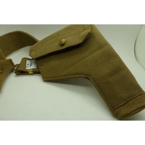 2136 - British WWII 1939 dated canvas service revolver holster, with belt and ammunition pouch. P&P Group 1... 