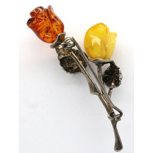 59A - Boxed 925 silver and amber rose brooch, L: 60 mm. P&P Group 1 (£14+VAT for the first lot and £1+VAT ... 