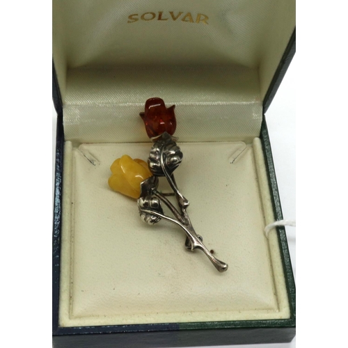 59A - Boxed 925 silver and amber rose brooch, L: 60 mm. P&P Group 1 (£14+VAT for the first lot and £1+VAT ... 