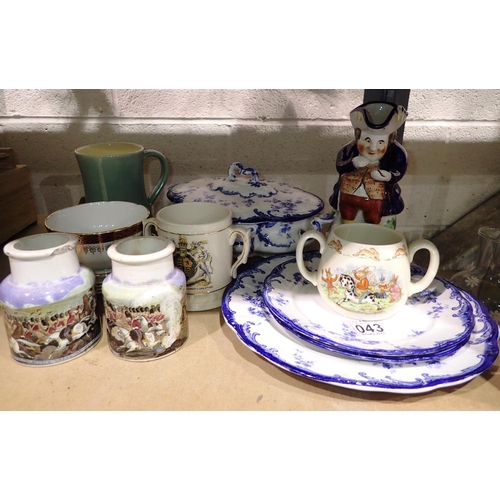 1043 - Quantity of ceramics to include an Allertons Toby jug, H: 20 cm. Not available for in-house P&P