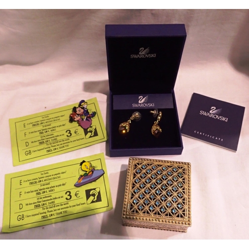 1077 - Boxed Swarovski earrings, a trinket box and two Disney badges. P&P Group 1 (£14+VAT for the first lo... 