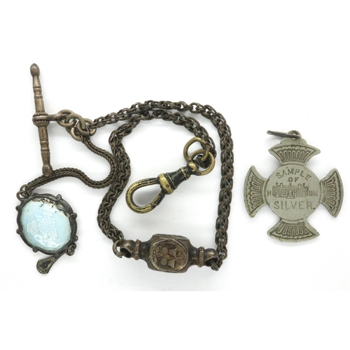 12 - Brass and enamel fob watch chain and a silver fob. P&P Group 1 (£14+VAT for the first lot and £1+VAT... 