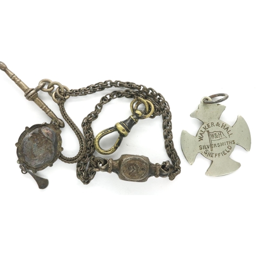 12 - Brass and enamel fob watch chain and a silver fob. P&P Group 1 (£14+VAT for the first lot and £1+VAT... 