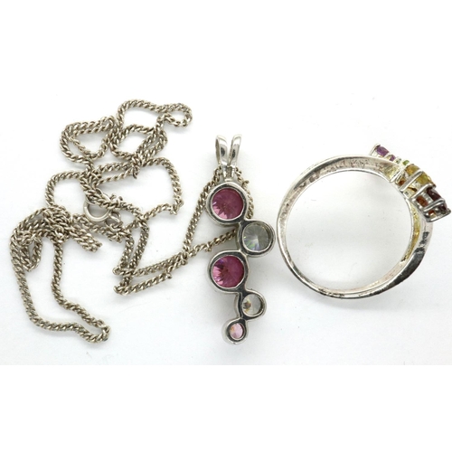 20 - Suite of stone set 925 silver jewellery, comprising ring, size T, and pendant necklace, chain L: 40 ... 